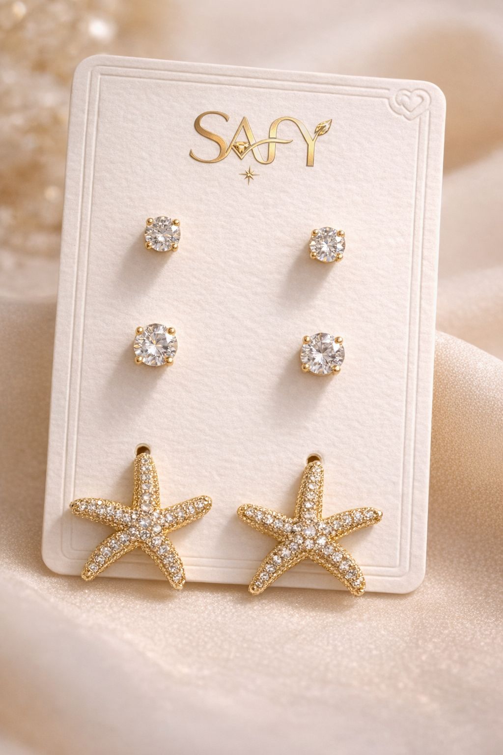 Trio de Brincos Banhado a Ouro (Estrela e Pontos de Luz)